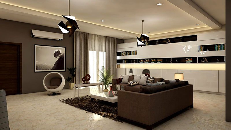 Projects rectangular white coffee table near brown leather sofa